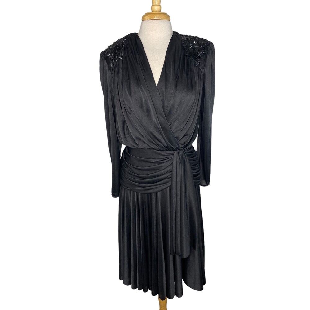 ABBY KENT Vintage 1980s Black Satin Formal Beaded Gown Size 12 Made in USA
